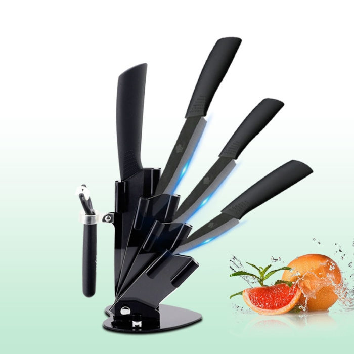 סט 4 סכינים קרמיות למטבח עם מחזיק וקולפן במתנה