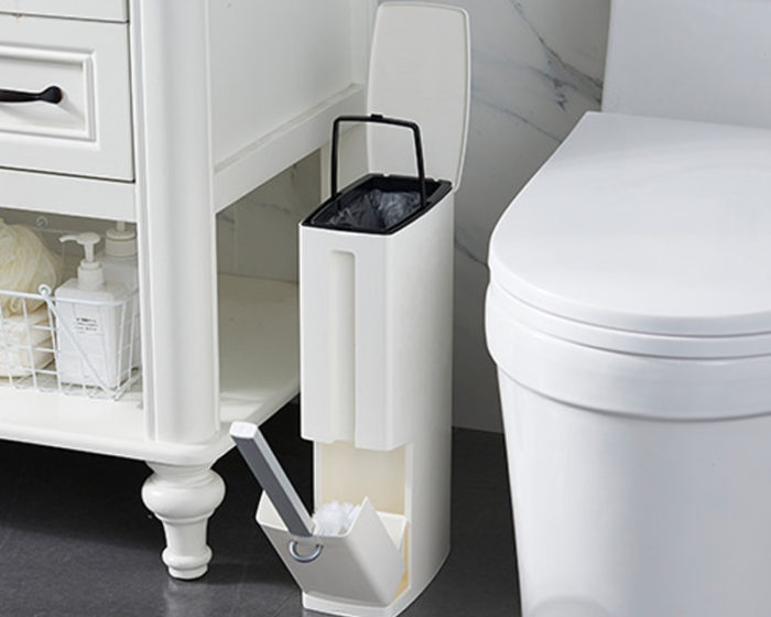 פח נוחות לשירותים עם מקום למברשת האסלה ומתקן לשקיות ונייר
