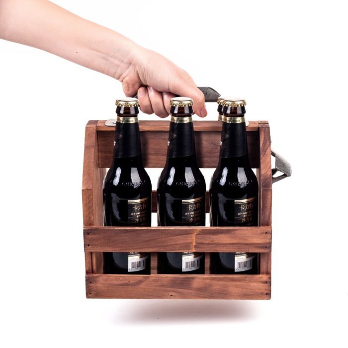 מנשא בקבוקי בירה רב פעמי מעוצב מעץ עם פותחן בקבוקים מובנה