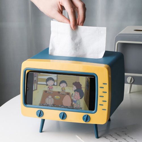 מחזיק טלפון לצפיה בסרטים בצורת טלוויזיה עם מקום לנייר טישו