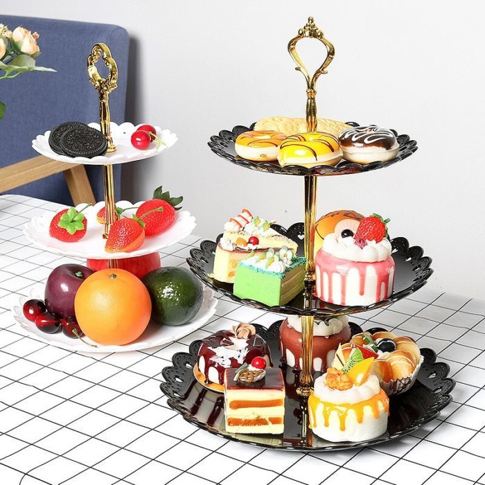מגש דקורטיבי עם 3 קומות להגשת עוגות, עוגיות, קינוחים, פירות, ועוד
