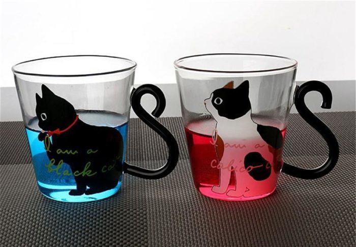 ספל זכוכית בעיצוב חתול עם כפית