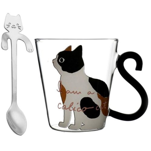 ספל זכוכית בעיצוב חתול עם כפית