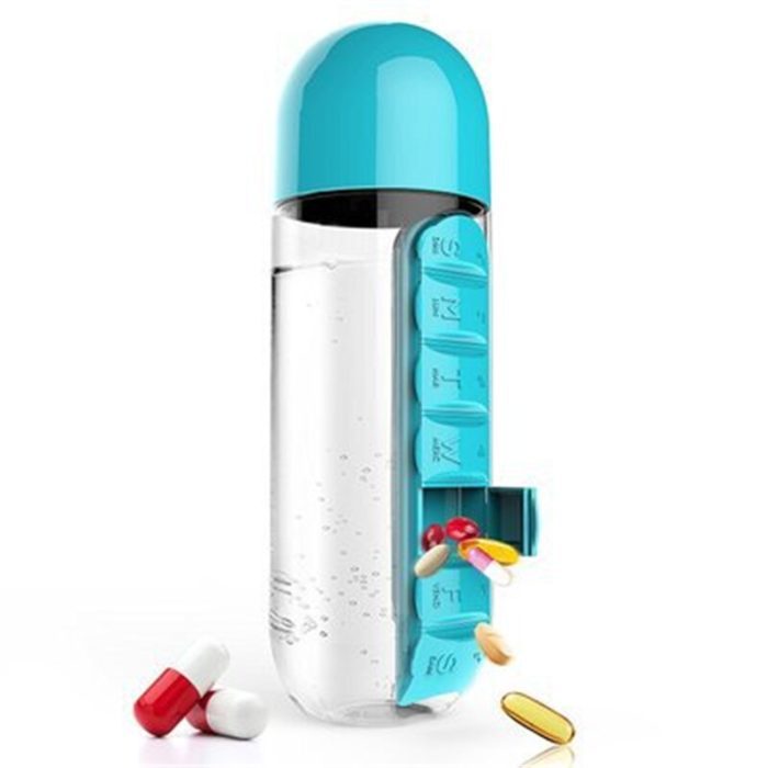 בקבוק מים 600 מ"ל עם ארגונית כדורים מובנית לנשיאת תרופות