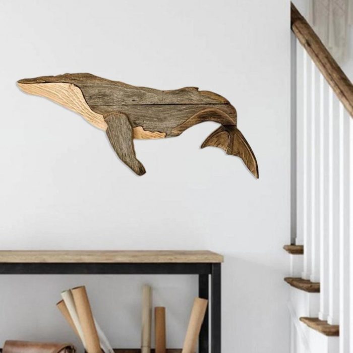 קישוט קיר מעץ טבעי בצורת לוויתן