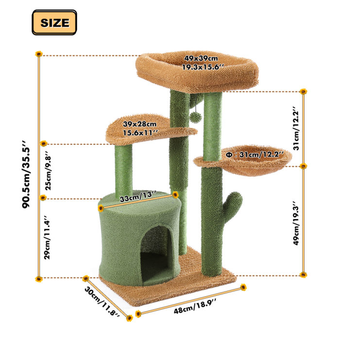מגדל משחק לחתול בצורת קקטוס גדול