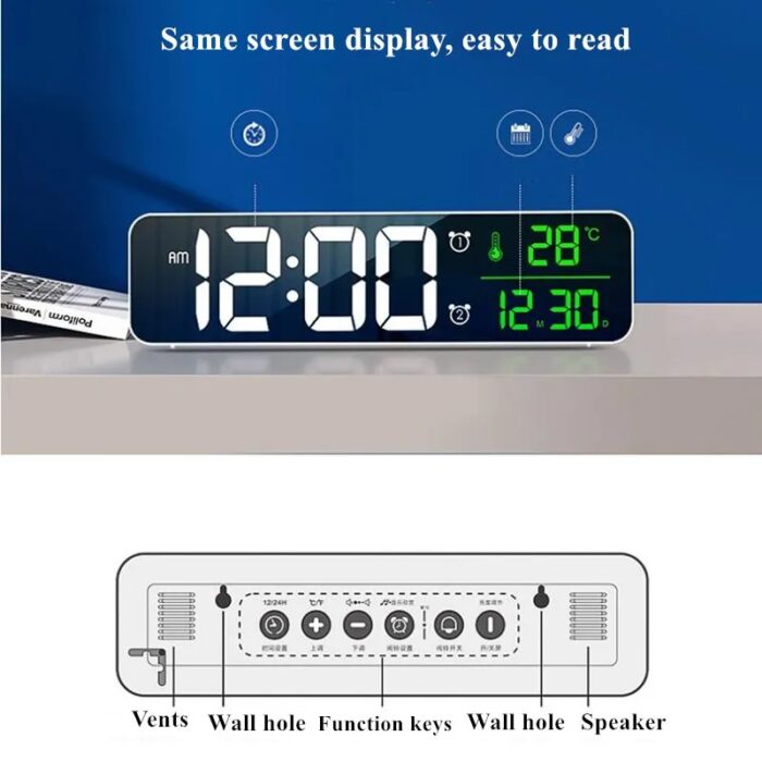 שעון לד דיגיטלי שולחני עם מגוון פונקציות הפועל באמצעות כבל USB ניתן גם לתליה על הקיר