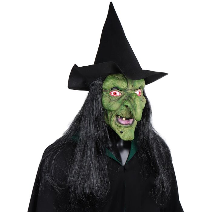 מסכה מלאה לפנים בעיצוב מכשפה ירוקה עם כובע ושיער