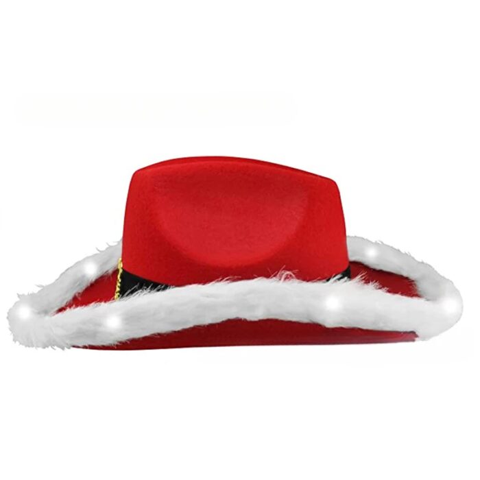 כובע בוקרים חגיגי בעיצוב סנטה קלאוס עם נוצות ונורות