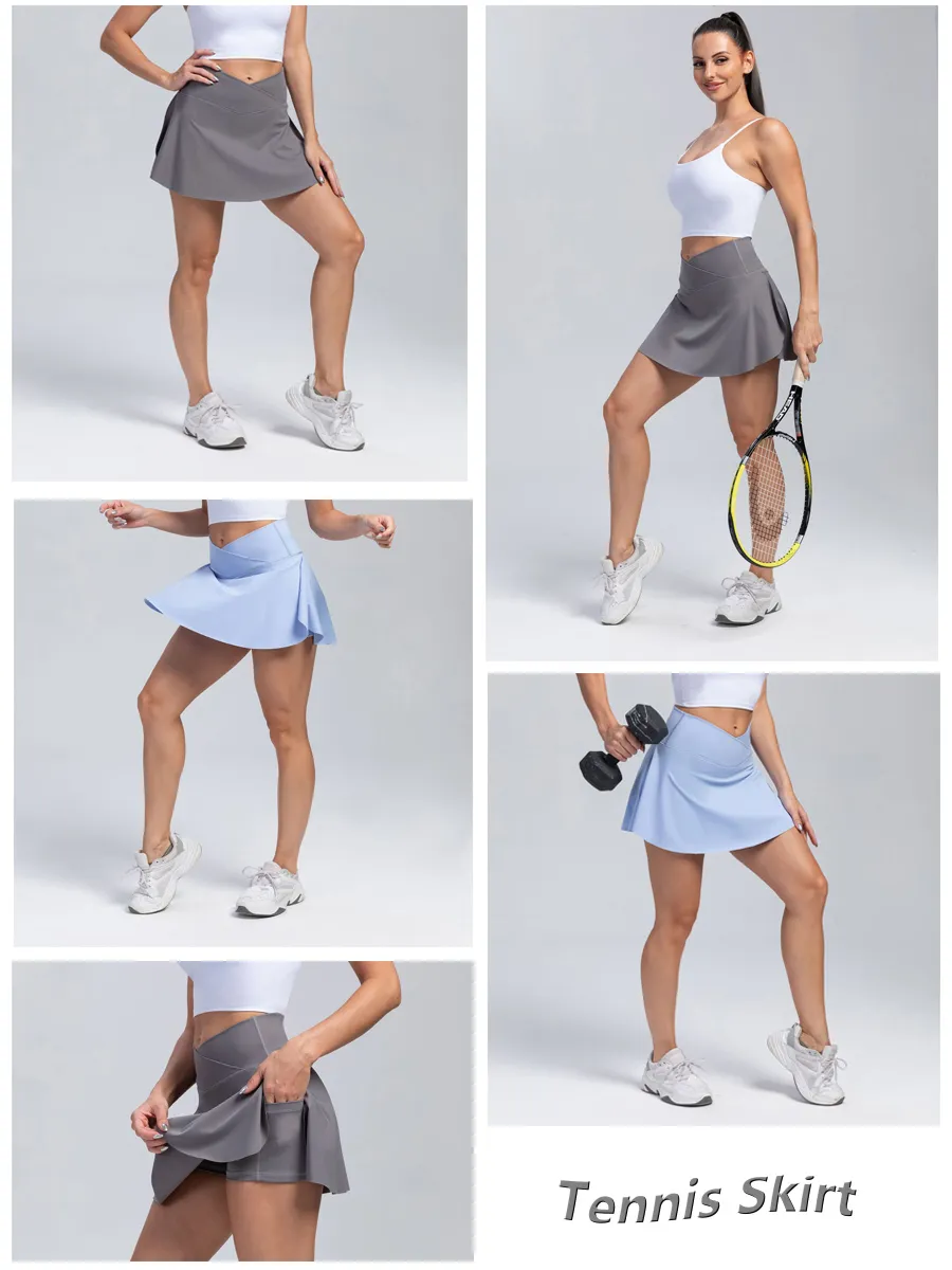 חצאית טניס מותן גבוהה ספורטיבית לנשים עם כיסים במגוון צבעים