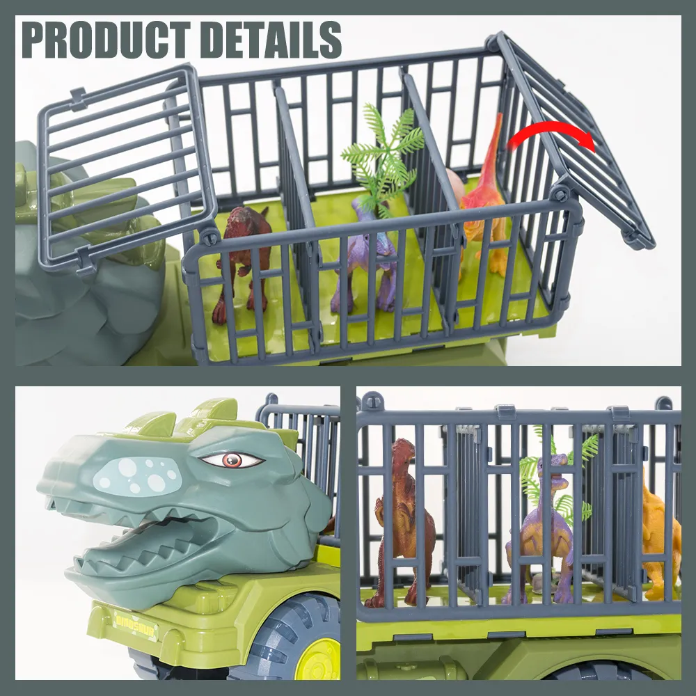 צעצוע משאית בעיצוב דינוזאור להובלת דינוזאורים כולל 3 בובות דינוזאור