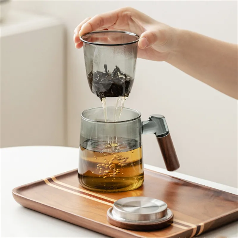 400ml Walnut Wooden Handle Lid Filter Glass Tea Cup Tea Water Separation Scented Tea Cup Office Flower Tea Separation Tea Mug