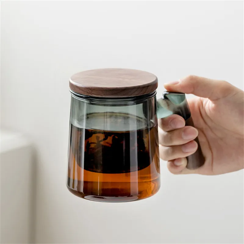 400ml Walnut Wooden Handle Lid Filter Glass Tea Cup Tea Water Separation Scented Tea Cup Office Flower Tea Separation Tea Mug