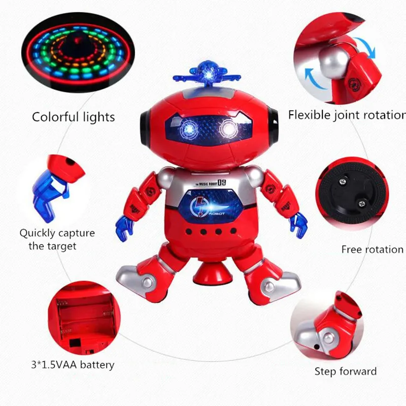 רובוט צעצוע על סוללות מנגן רוקד ומסתובב עם תאורות לד