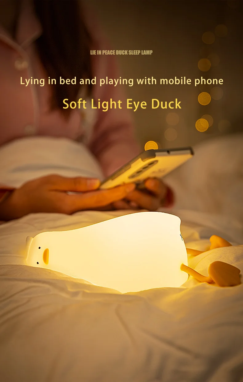מנורת לילה נטענת בעיצוב ברווז שוכב רך הנדלק באמצעות מגע