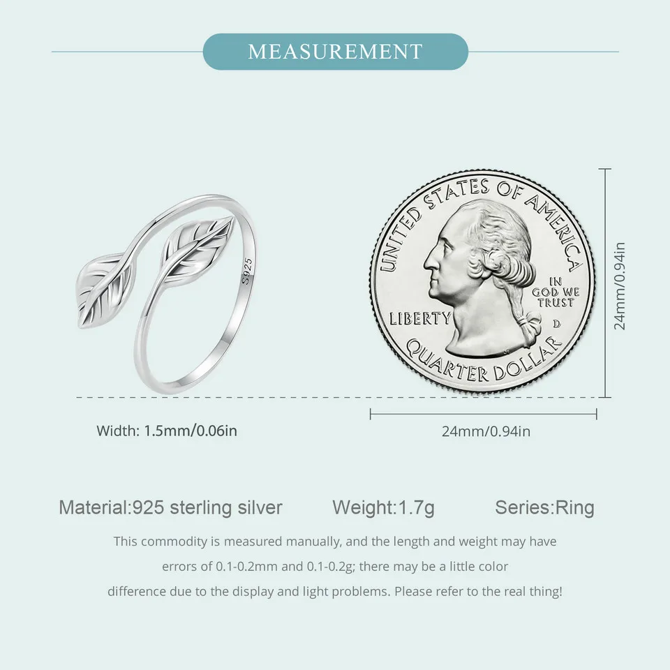 טבעת לנשים בעיצוב עלים עם מידה מתכווננת לכל אצבע עשויה מכסף סטרלינג 925