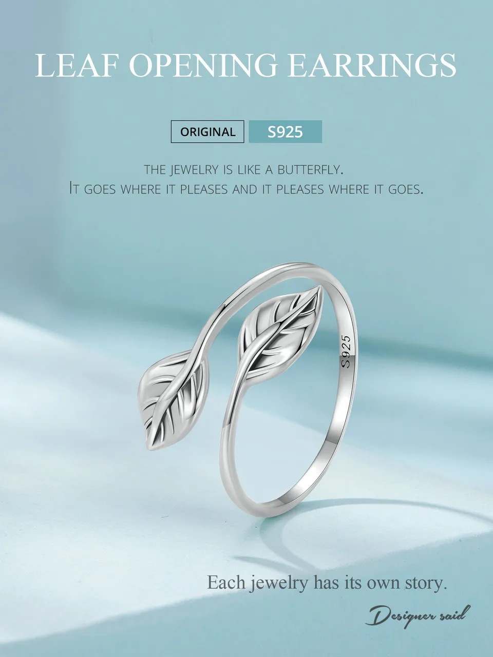 טבעת לנשים בעיצוב עלים עם מידה מתכווננת לכל אצבע עשויה מכסף סטרלינג 925