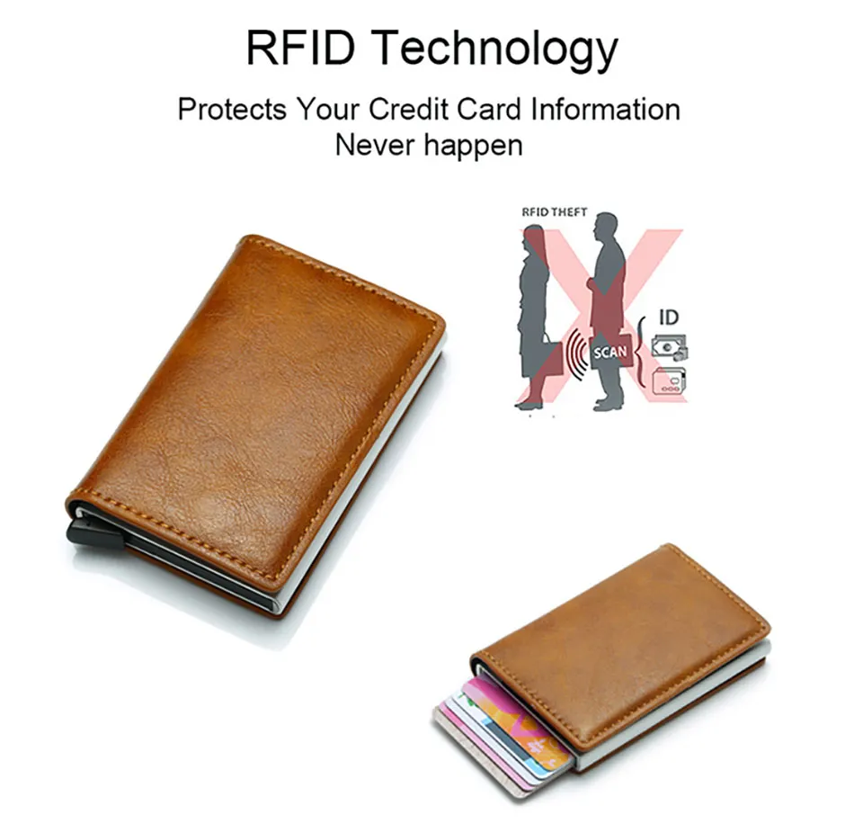 ארנק דק לאחסון כרטיסי אשראי חוסם RFID עם שליפת כרטיסים בקליק