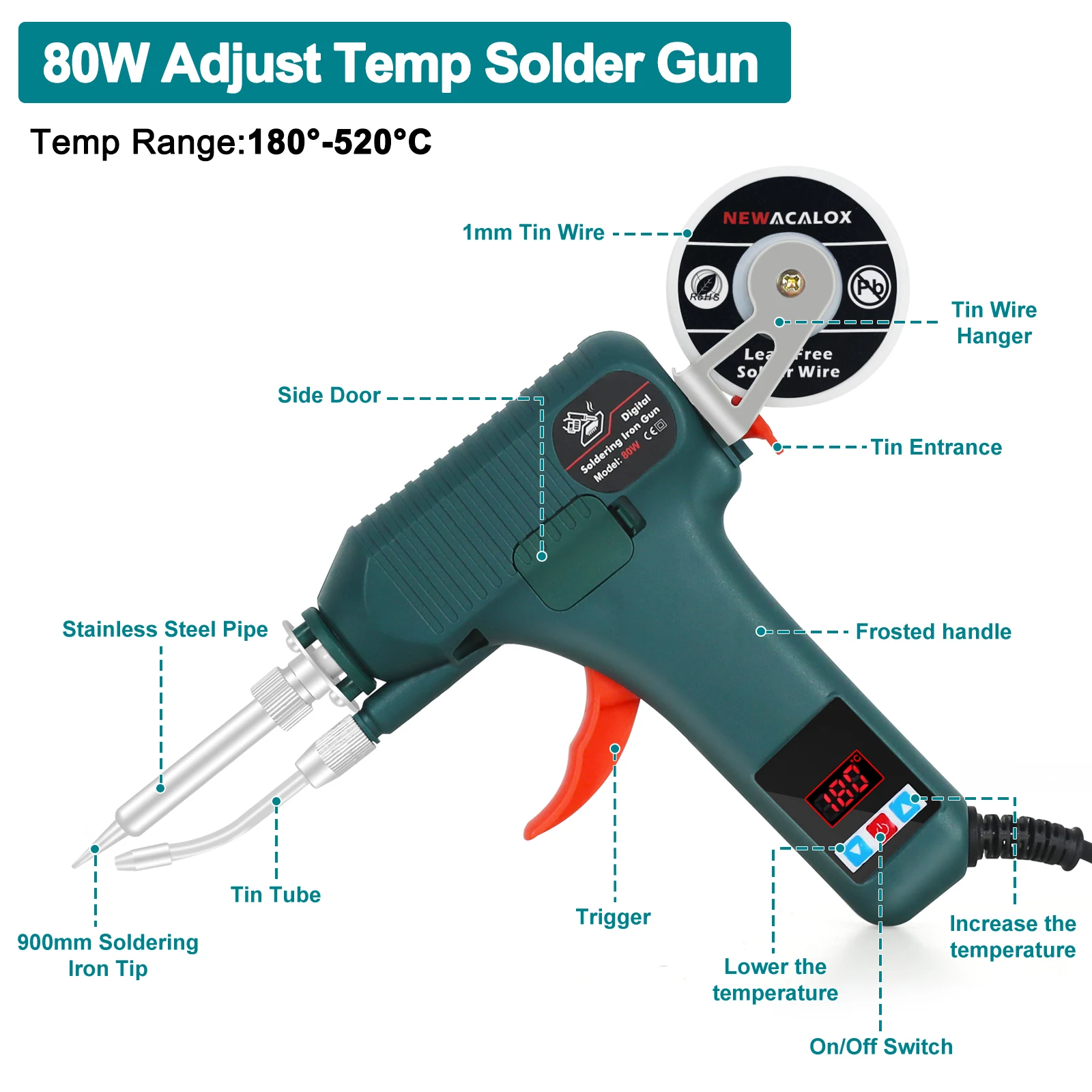 אקדח הלחמה דיגיטלי עם טמפרטורה מתכווננת 180-520° וגלגל הזנת חוט הלחמה אוטומטי
