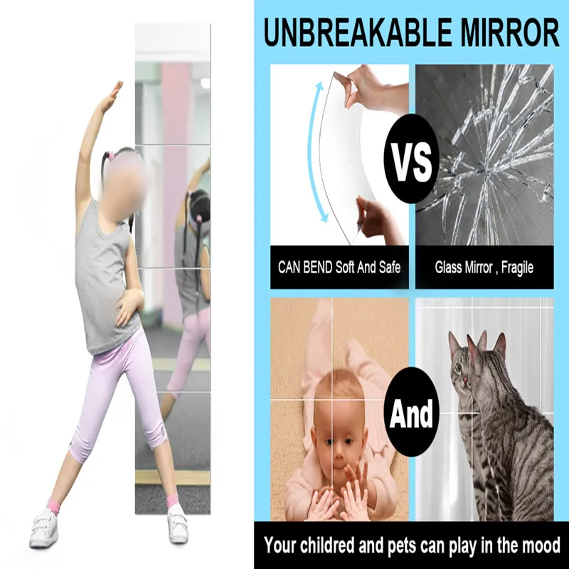 HD Self Adhesive Acrylic Mirror Tiles DIY Flexible Non Glass Safety Mirror Sheets Wall Stickers 2MM Thick Shatterproof Anti Fog