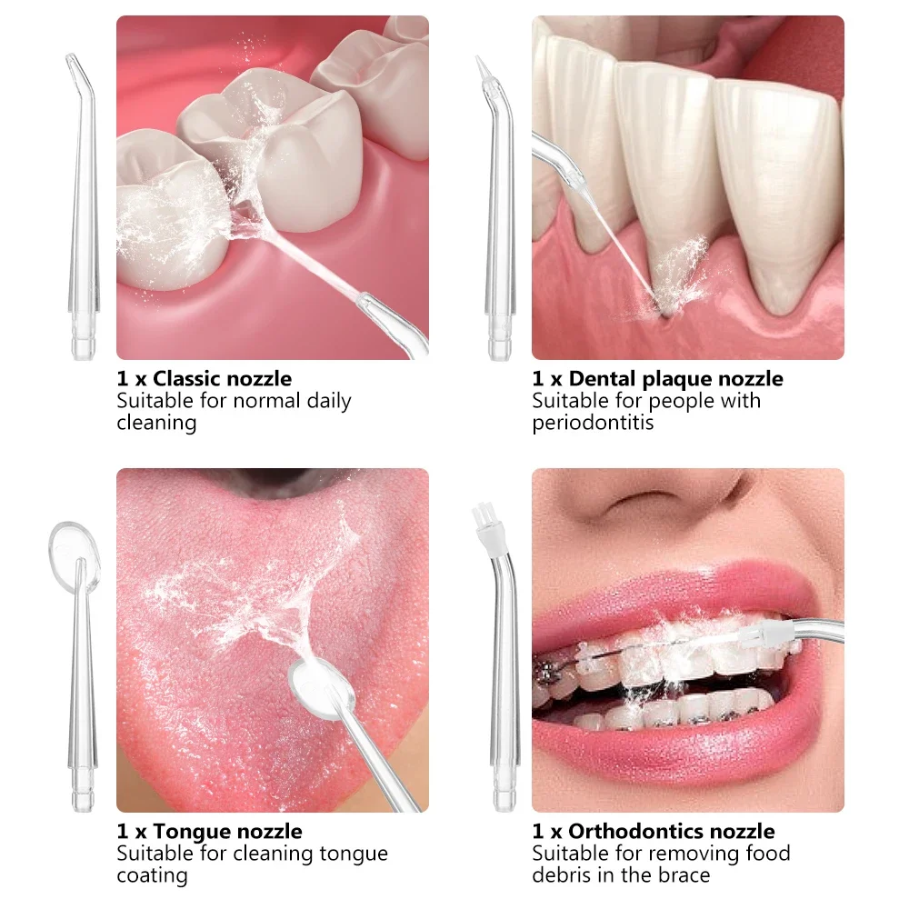מכשיר הזרמת מים דנטלי נטען לניקוי הפה והשיניים עם 3 מצבי זרימה שונים ו-4 ראשים לשיניים, חניכיים, לשון, וגשר