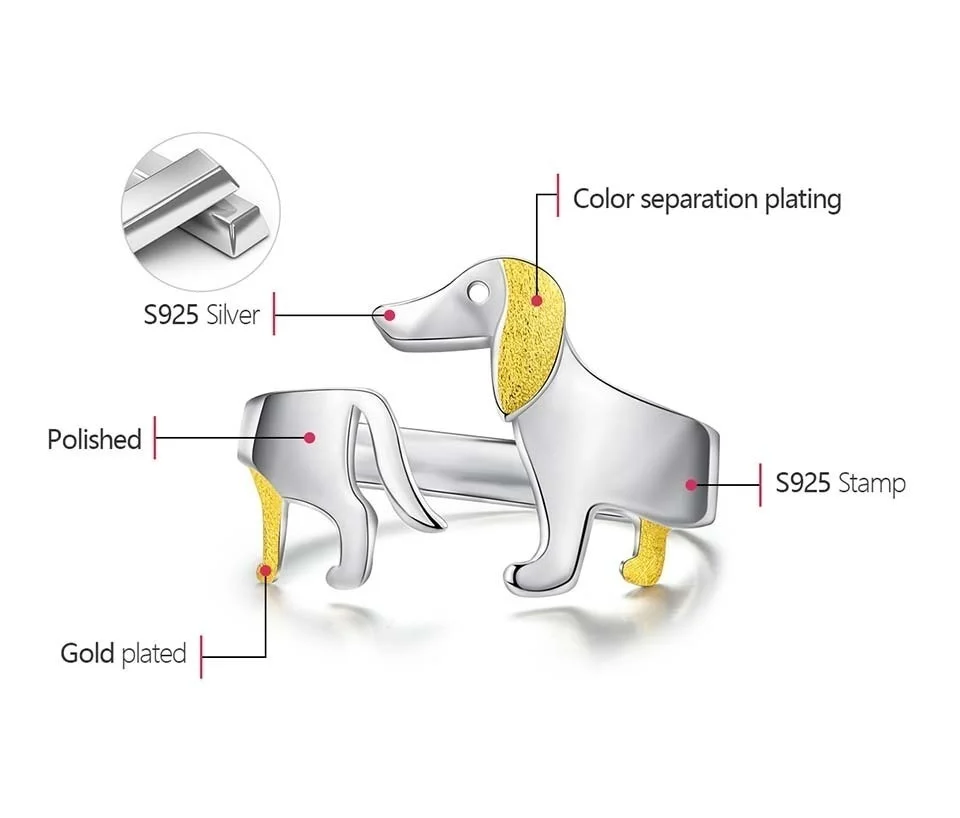 טבעת בעיצוב כלב נקניקיה ארוך עשויה מכסף סטרלינג 925 בגודל מתכוונן לכל אצבע