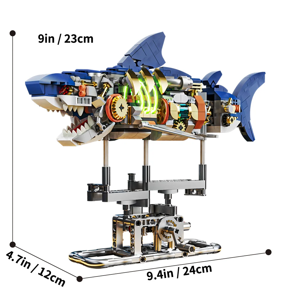 פאזל 687 חלקים לבניית מודל תלת מימדי של כריש מכני עם מעמד תצוגה, אורות ותזוזות