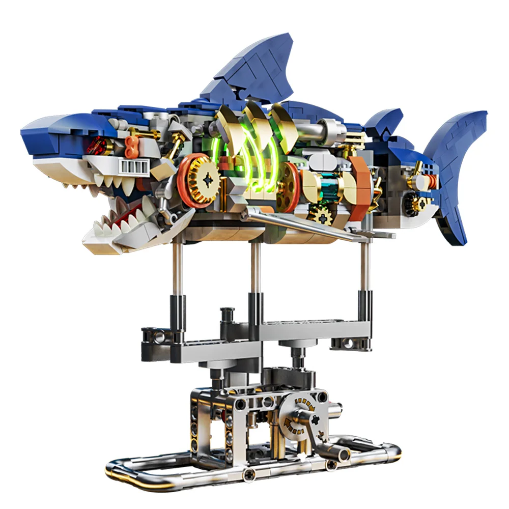 פאזל 687 חלקים לבניית מודל תלת מימדי של כריש מכני עם מעמד תצוגה, אורות ותזוזות