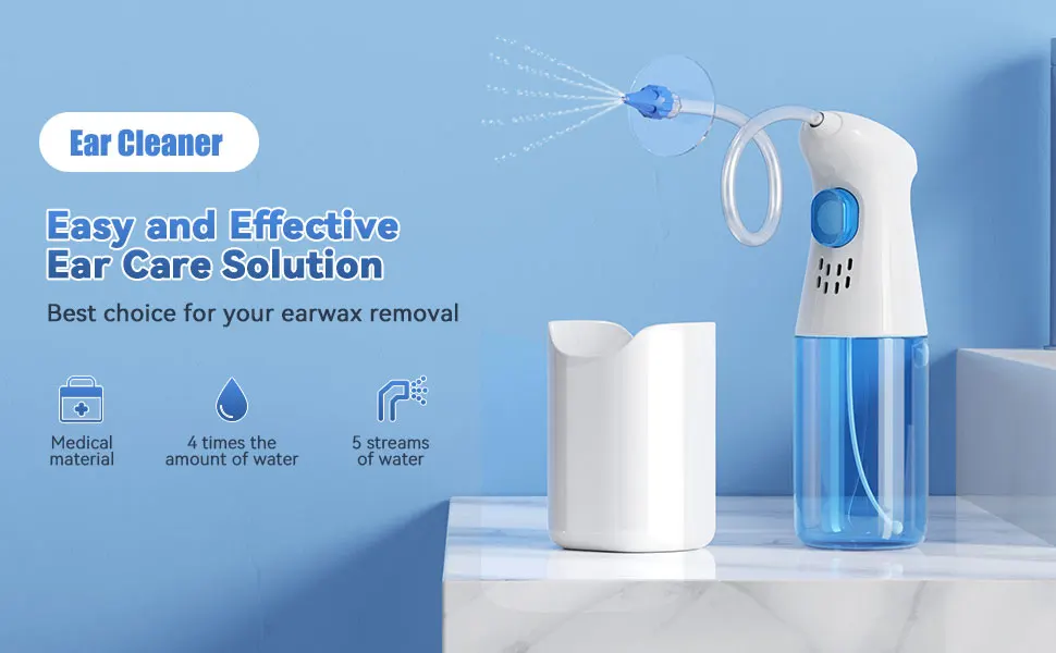 מכשיר שטיפת אוזניים להזרמת מים לאוזן בעדינות לניקוי שעווה ופתיחת סתימות