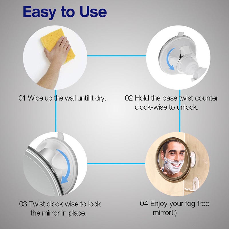 מראת איפור נוגדת אדים עם מתקן ואקום, סיבוב 360°, למקלחת, גילוח ואמבטיה