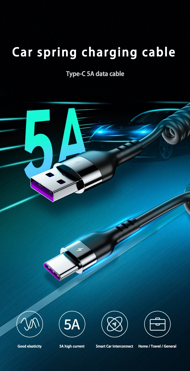 כבל USB Type C עם טעינה מהירה במיוחד קפיצי מתכווץ ומתרחב בקלות