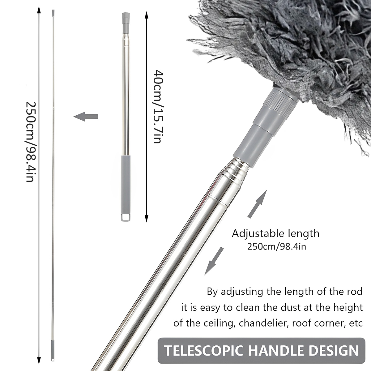 מברשת מיקרופייבר טלסקופית גמישה עם 3 ראשים מתחלפים לניקוי חריצים, תקרה וקורי עכביש, נשלפת וניתנת לשטיפה