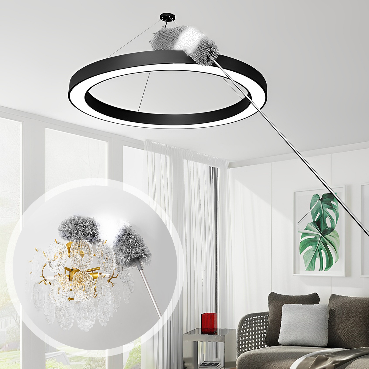 מברשת מיקרופייבר טלסקופית גמישה עם 3 ראשים מתחלפים לניקוי חריצים, תקרה וקורי עכביש, נשלפת וניתנת לשטיפה