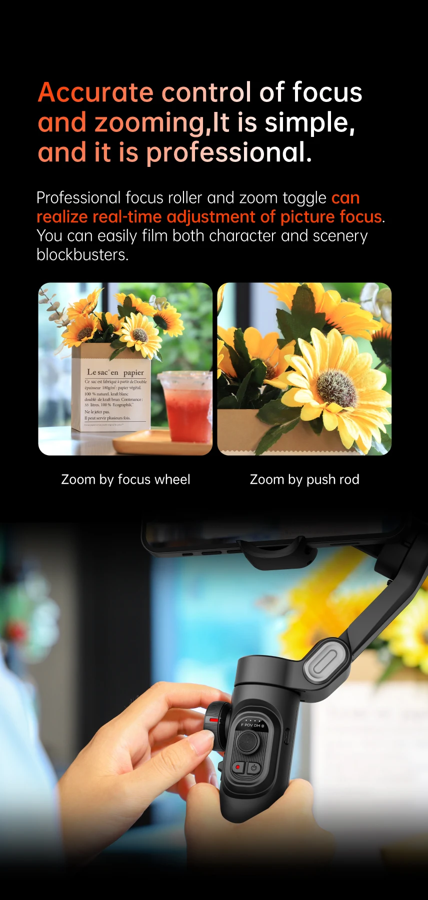 גימבל חכם עם 3 צירים ליציבות מושלמת בצילום וידאו עם מעקב פנים מבוסס AI