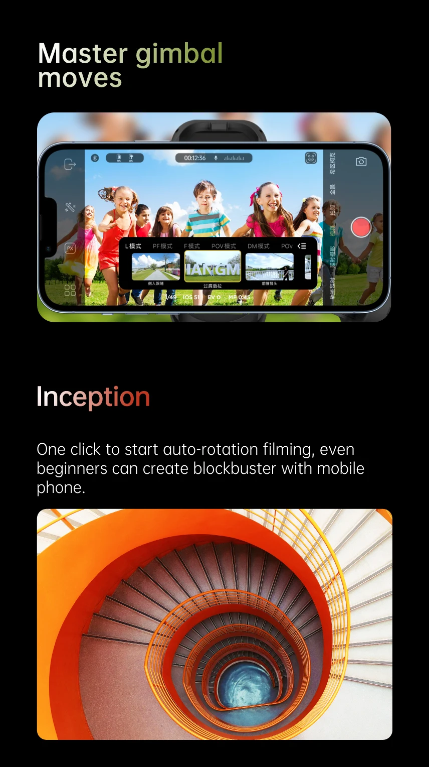 גימבל חכם עם 3 צירים ליציבות מושלמת בצילום וידאו עם מעקב פנים מבוסס AI