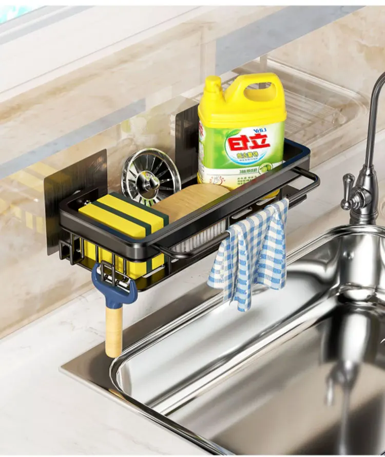 מתקן מתלה קיר דביק למטבח לייבוש מעל לכיור, לאחסון ספוג וסבון ללא קידוח