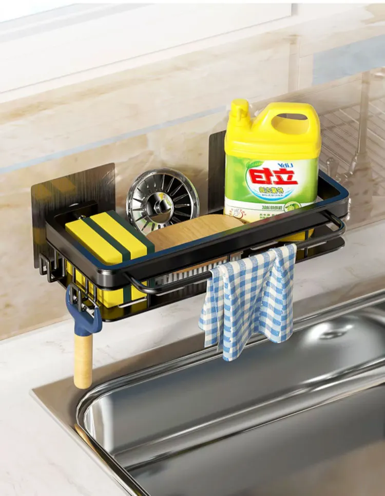 מתקן מתלה קיר דביק למטבח לייבוש מעל לכיור, לאחסון ספוג וסבון ללא קידוח