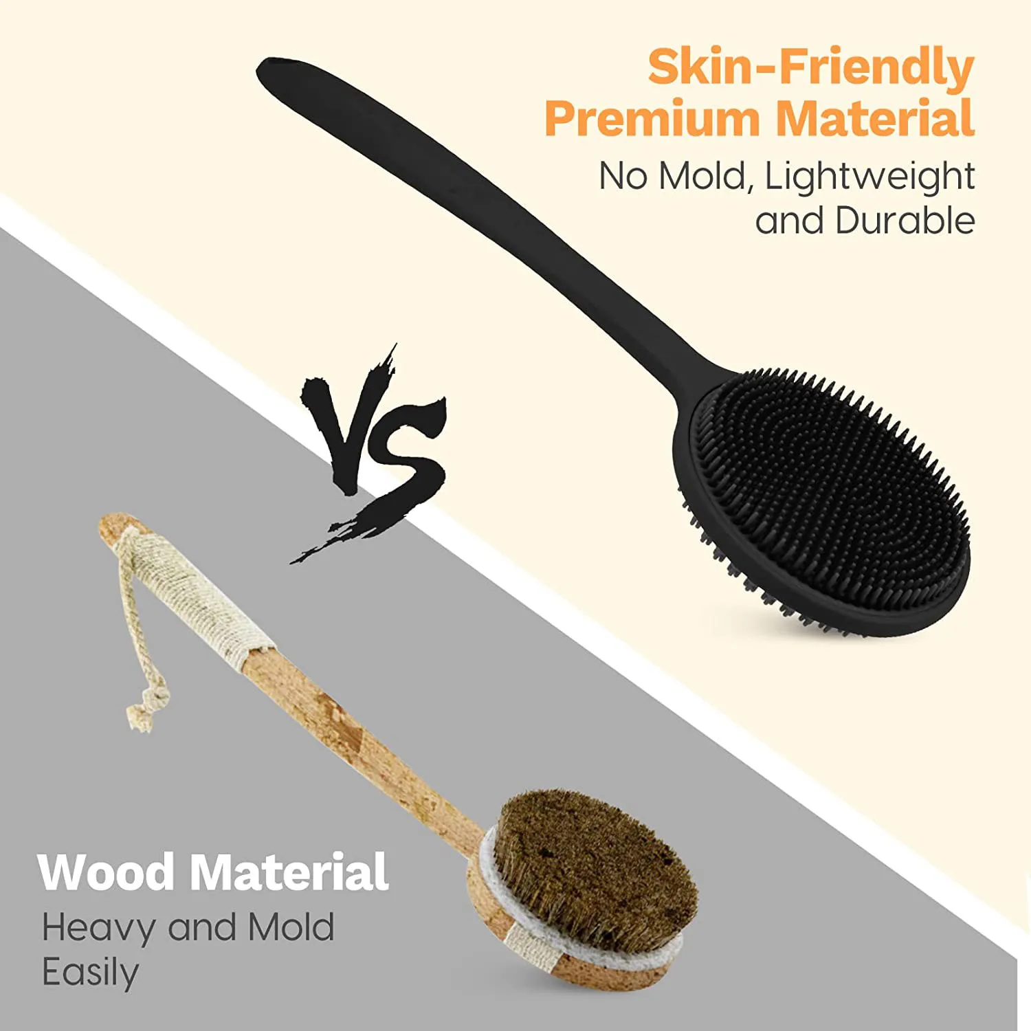 מברשת גוף עם ידית ארוכה מסיליקון להברשה וניקוי מקצועי של הגב במקלחת