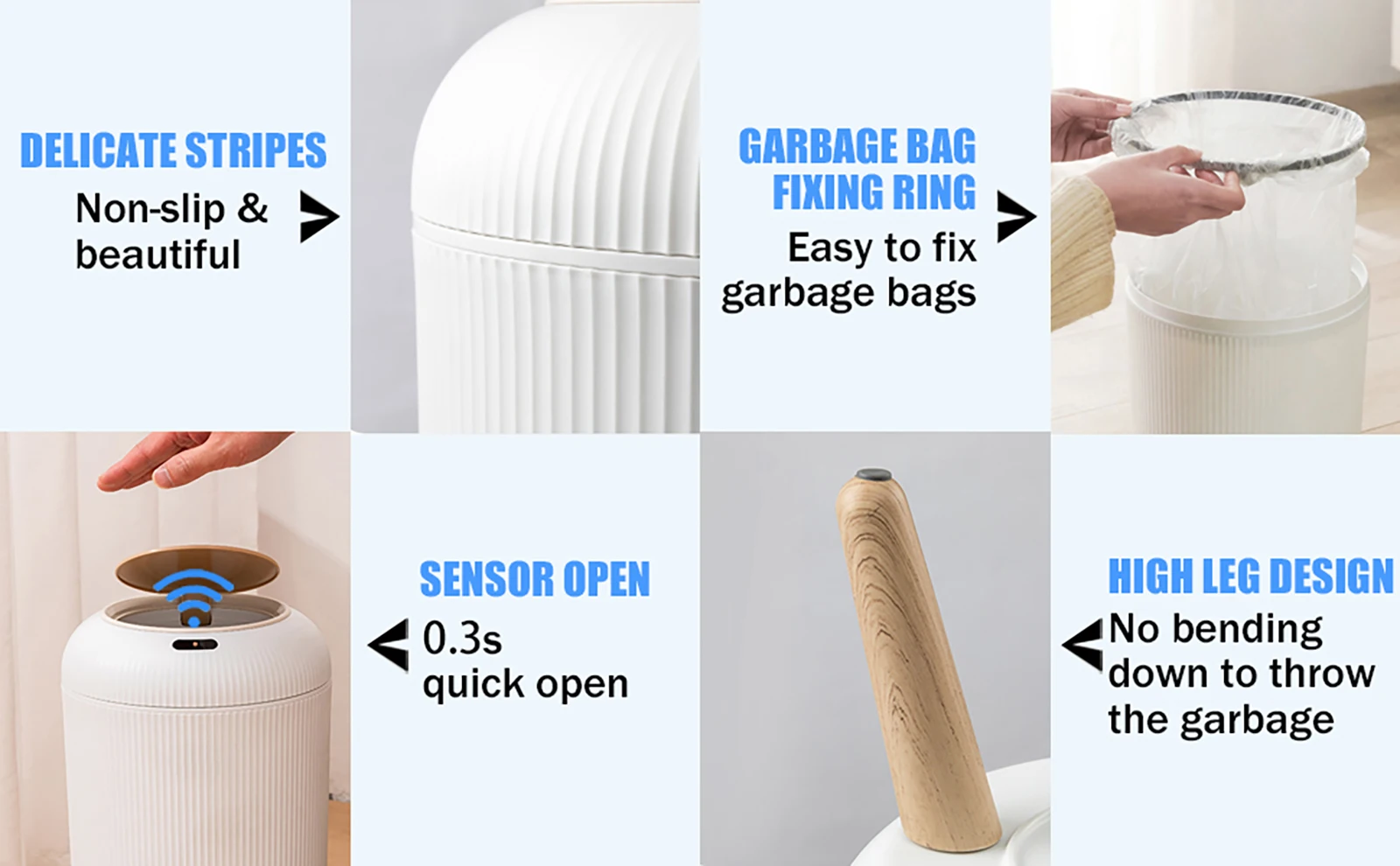 פח אשפה אוטומטי עם חיישן תנועה ורגלי עץ – קטן, חכם ואלגנטי לחדר השינה, שירותים, מטבח ומשרד