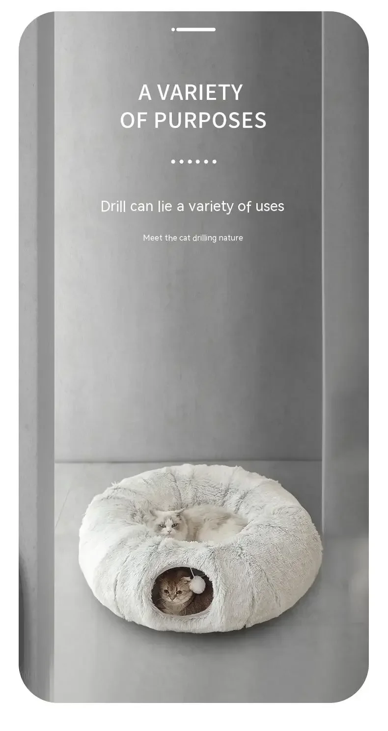 מיטת חתולים רכה עם מנהרה מובנית בתוכה