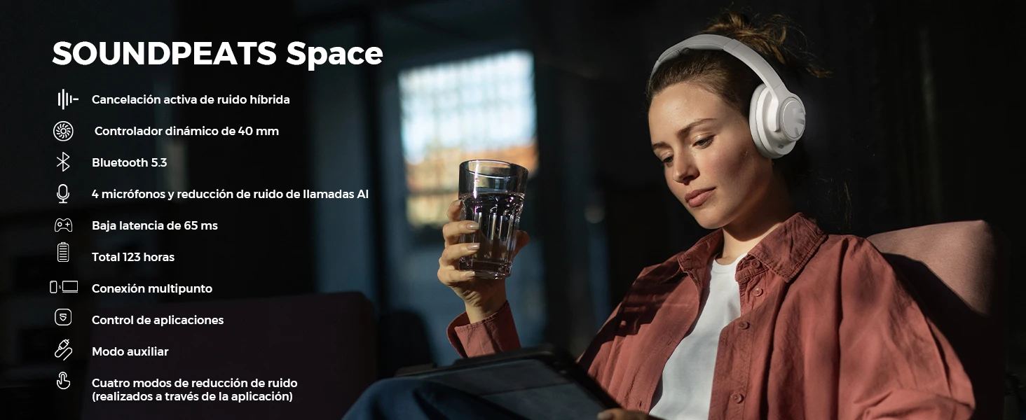 אוזניות בלוטות' Space נטענות עם ביטול רעשים היברידי, מיקרופון, חיבור כפול וזמן נגינה של 123 שעות