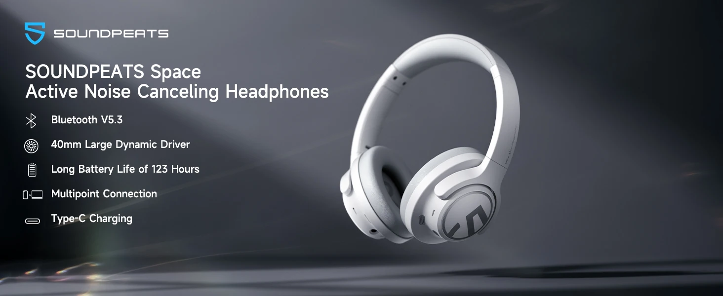אוזניות בלוטות' Space נטענות עם ביטול רעשים היברידי, מיקרופון, חיבור כפול וזמן נגינה של 123 שעות