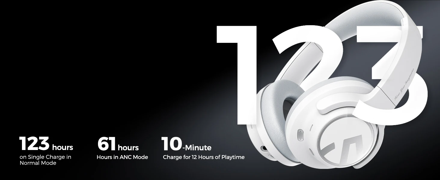 אוזניות בלוטות' Space נטענות עם ביטול רעשים היברידי, מיקרופון, חיבור כפול וזמן נגינה של 123 שעות