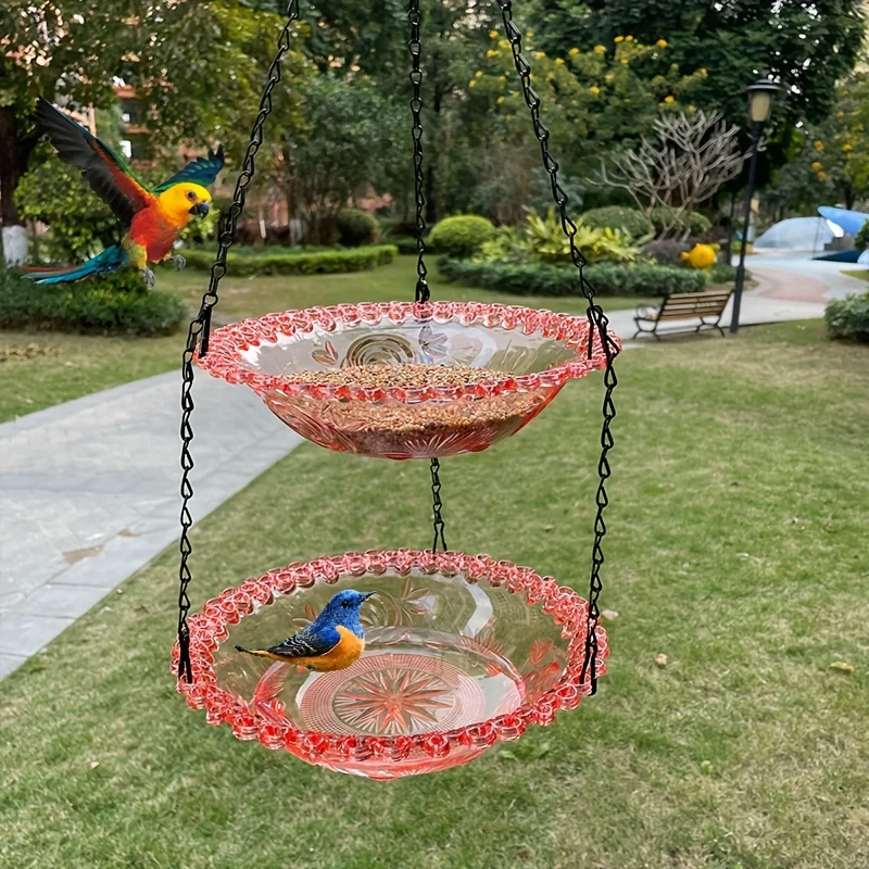 מתקן האכלה, שתיה ומקלחת לציפורים עם 2 קומות נתלה באמצעות שרשרת לגינה