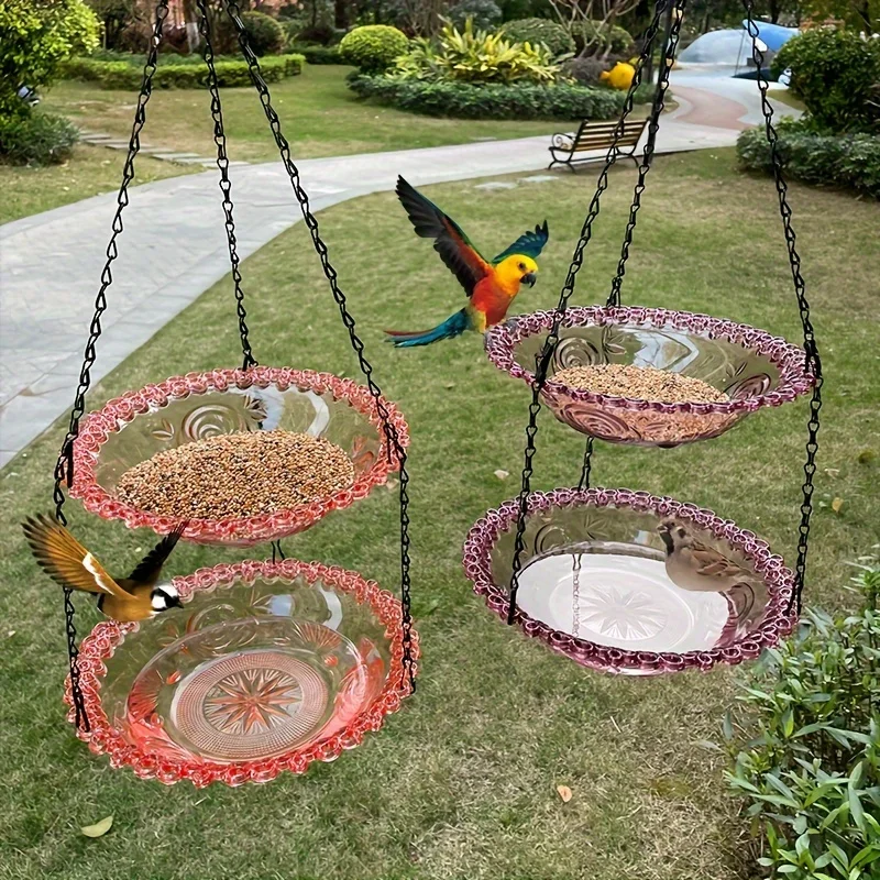 מתקן האכלה, שתיה ומקלחת לציפורים עם 2 קומות נתלה באמצעות שרשרת לגינה