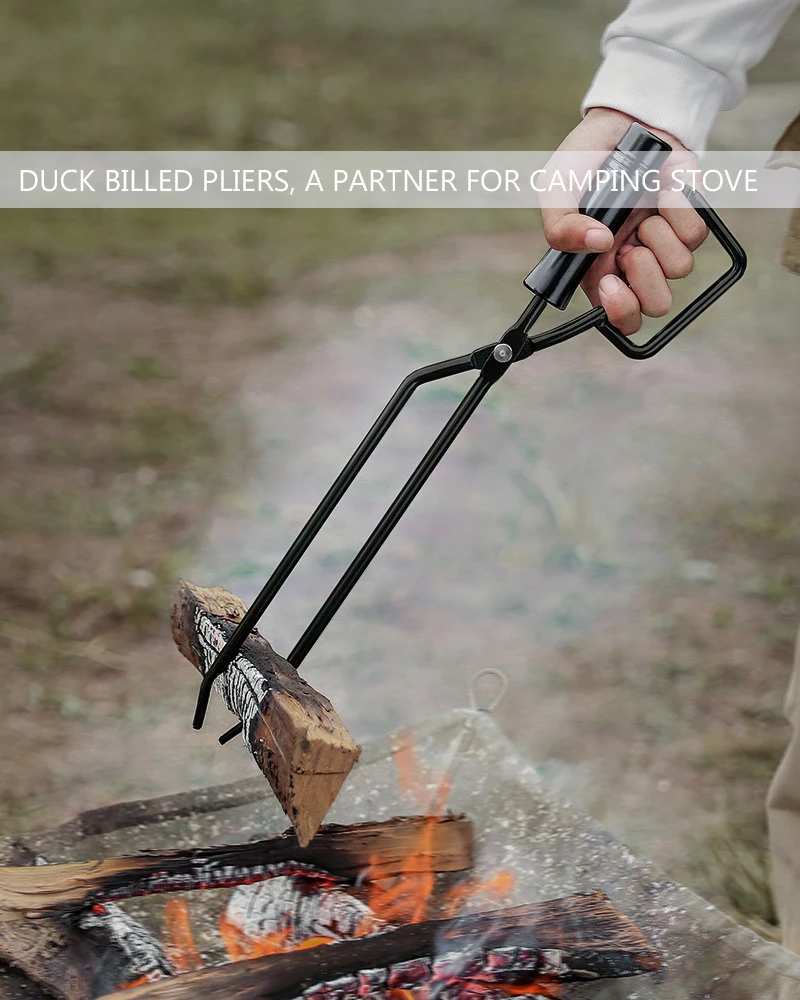 מלקחי ברביקיו עם ידית עץ מבודדת, עיצוב מקור ברווז לאחיזה נוחה ובטוחה בפחמים