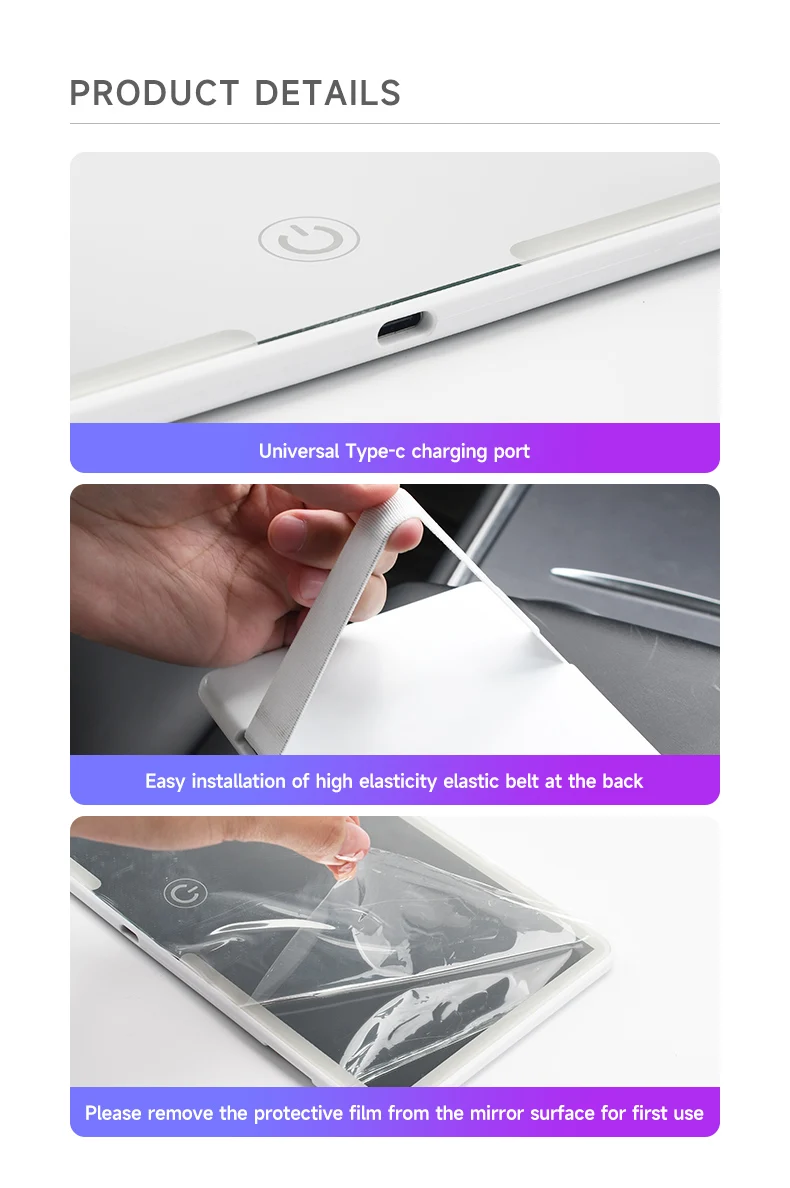 Car Interior Mirrors Sun Visor Plate LED HD Makeup Mirror for Girls Women Rechargeable Fill Light Universal Thin Vanity Mirror