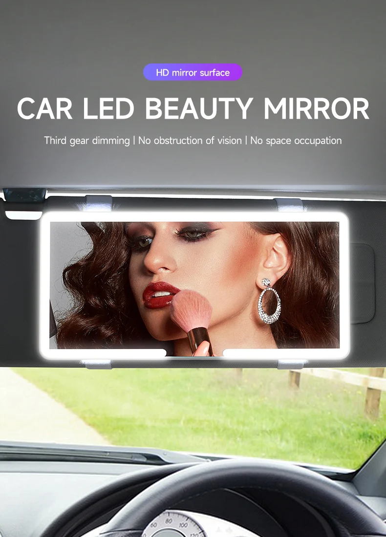 Car Interior Mirrors Sun Visor Plate LED HD Makeup Mirror for Girls Women Rechargeable Fill Light Universal Thin Vanity Mirror
