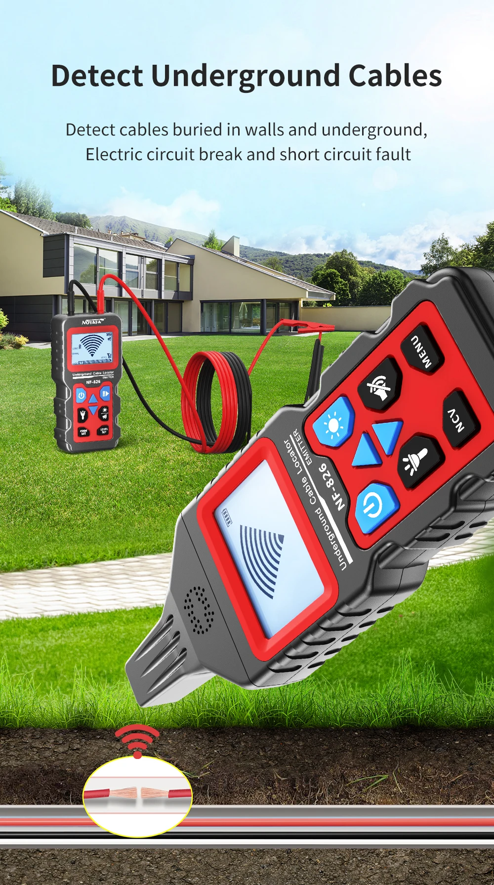 גלאי כבלים תת-קרקעיים לאיתור חוטים, צנרת מים וגז, ותשתיות חשמל בתוך קירות ובאדמה