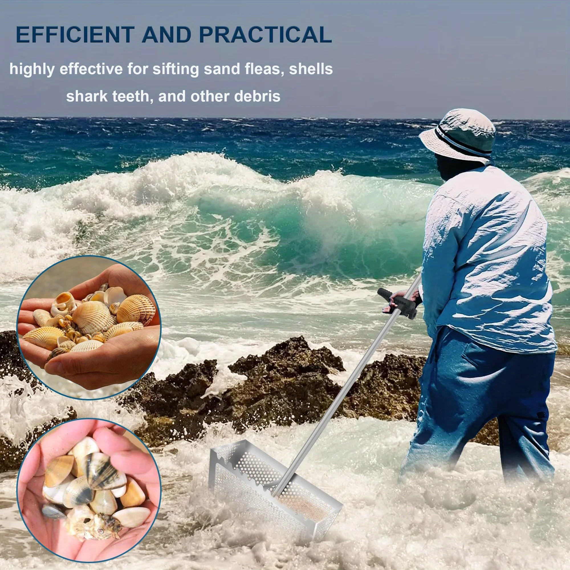 כף סינון חול טלסקופית מנירוסטה - כלי חפירה עמיד נגד קורוזיה לחיפוש פריטים בחוף הים